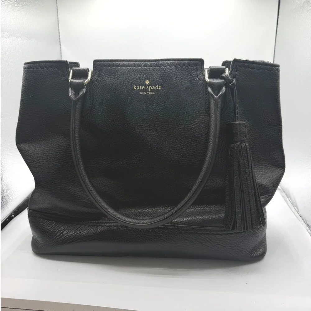 Kate Spade New York Tote Bag Womens Black Good Pebbled Leather Tassel Gold Logo